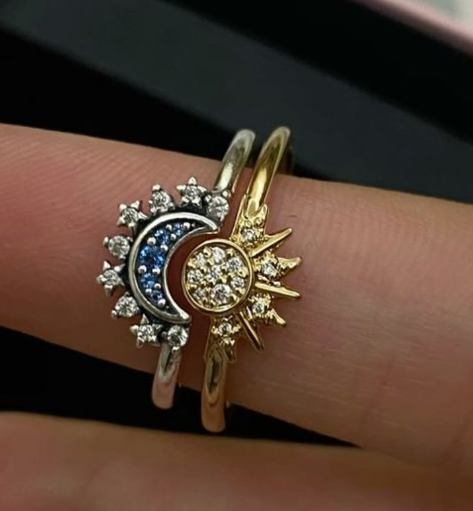 ☀️🌙 Anillo Sol y Luna 2 en 1 – Set Dúo Apilable Ajustable Plata 925 | SKU: AZ033 ✨